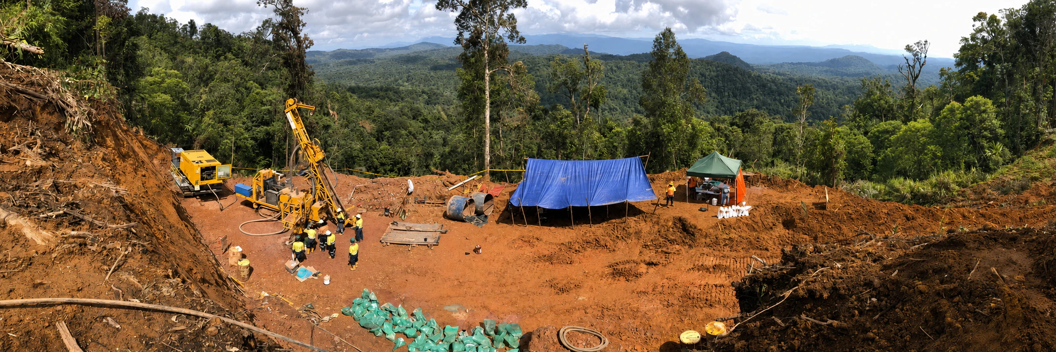 Exploration drilling site surrounded by rainforest on New Britain Island
