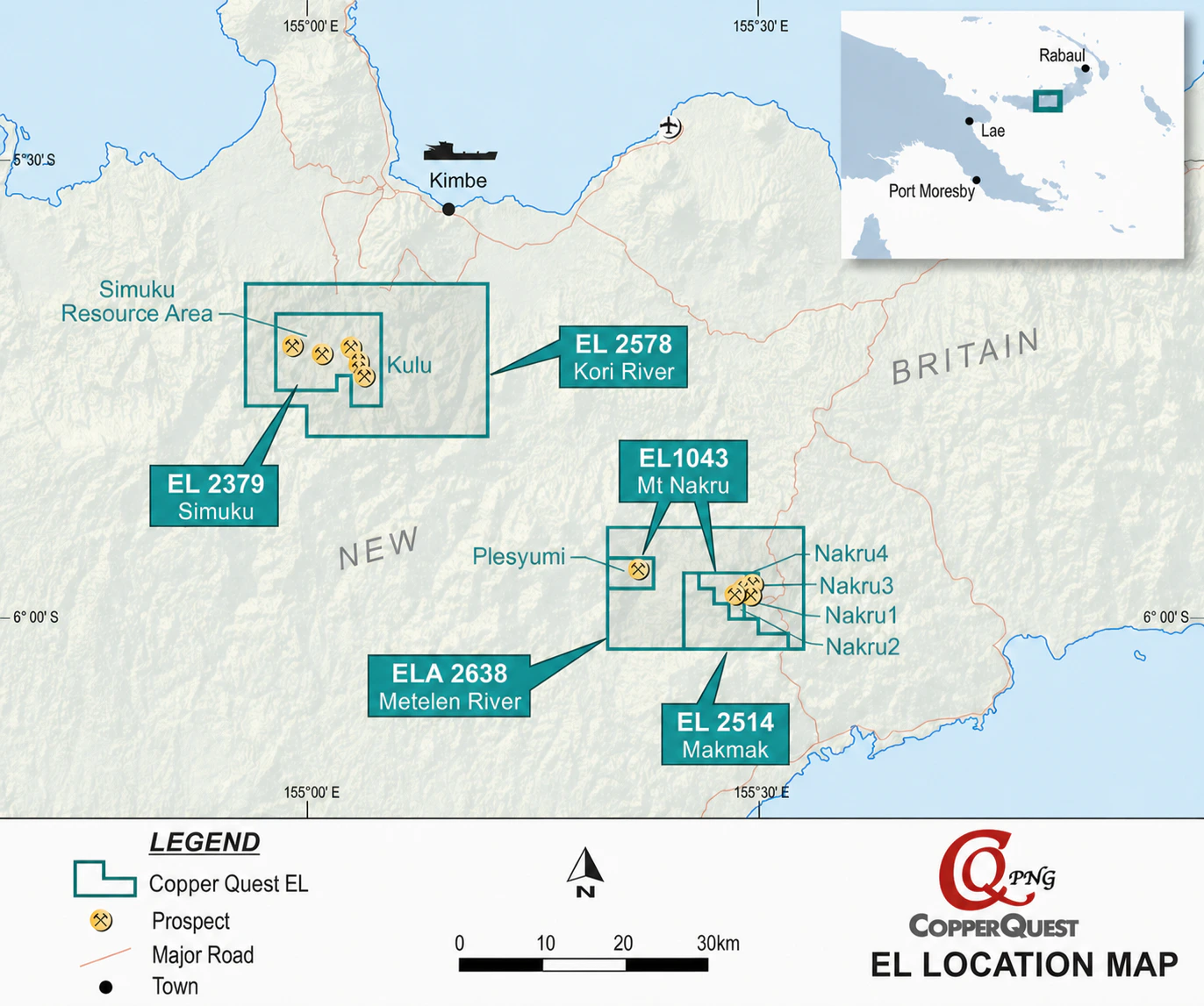 Map showing Copper Quest exploration licences on New Britain Island